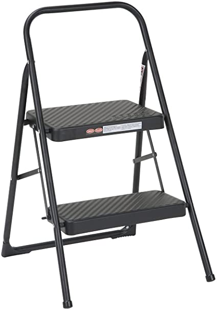 COSCO Two-Step Household Folding Step Stool, All Black, 7ft 11in Reach Height