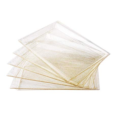 6 Pack Gold Glitter Plastic Serving Tray, 15" x 10" Rectangle Food Trays, Clear Disposable Serving Platter for Parties, weddings