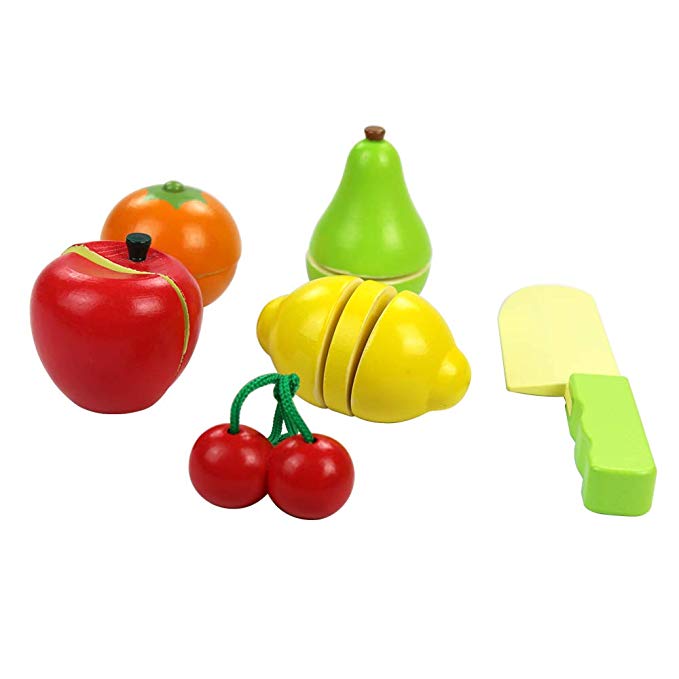 Umu Cutting Toy Fruit Accessory -5 Hand-Painted Wooden Fruit Pieces and 1 Knife