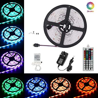 LEHOU Waterproof LED Strip Lights, 16.4ft/5m RGB 5050 LED Rope Lighting Color Changing Full Kit with 44keys IR Remote Controller & 3A Power Supply for Home Lighting, Kitchen, Indoor Outdoor Christmas Decoration