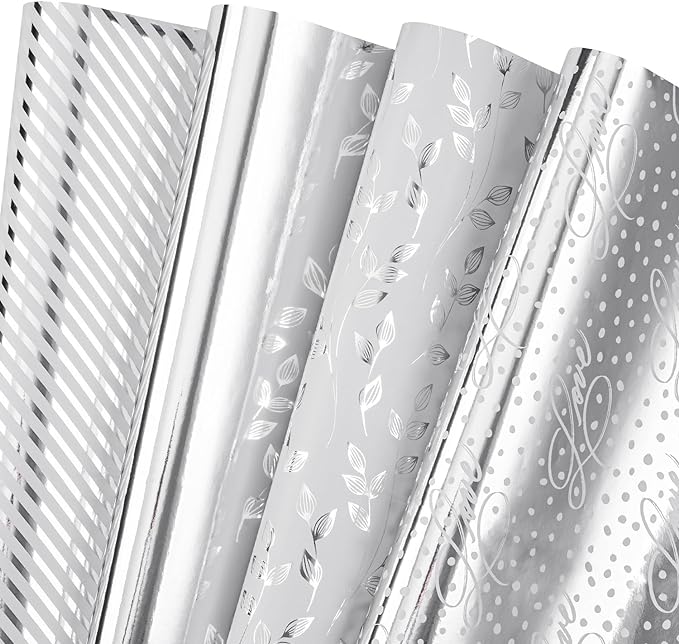WRAPAHOLIC Wrapping Paper Sheet - 12 Sheets Metallic Silver Leaf and Stripe Design Folded Flat for Wedding, Birthday, Celebration, Party Present Packing - 19.7 Inch X 30 Inch Per Sheet