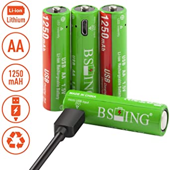 Insten Rechargeable Lithium AA Batteries [4 Pcs Set] with USB Charging Port, 1250mAh 1.5V Fast Charge Lithium-Ion Double A Battery, Includes 2-in-1 Micro USB Charger Cable [Full Charge in 1.5 Hours]