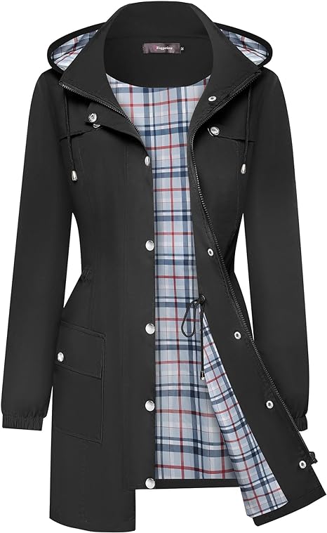 Bloggerlove Rain Jacket Women Lightweight Raincoats Outdoor Waterproof Windbreaker Hooded Plaid Lined Trench Coat S-XXL