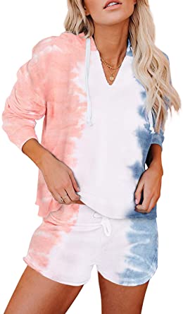 Azokoe Women Tie Dye Printed Short Pajama Set Crewneck Long Sleeve Hoodie and Ruffle Shorts PJ Set Loungewear Sleepwear