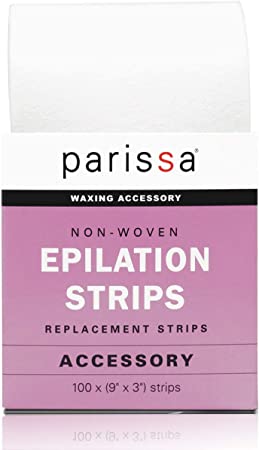 Parissa Epilation (Waxing) Non-Woven Cloth Strips, Replacement Strips for use with Hair Removal Liquid Wax, 100 x Large Size Strips 9'' x 3'', 100 count