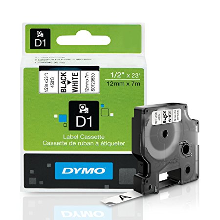 DYMO Standard D1 45013 Labeling Tape ( Black Print on White Tape , 1/2'' W x 23' L , 1 Cartridge)