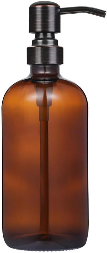 Amber Glass Jar Soap Dispenser with Oil Rubbed Bronze Pump,16oz Round Bottle Dispenser with Stainless Steel Pump, Bathroom Soap Dispenser Set for Home Decor, Farmhouse & Kitchen Decor