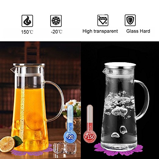 Water Jugs,BOQO Glass Pitcher,Stainless steel lid,Borosilicate Carafe,Coaster (53 oz/1.5L)