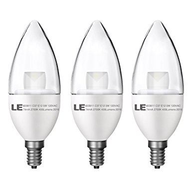 LE E12 Candelabra LED Bulbs, 40W Incandescent Bulbs Equivalent, 5W, 400lm, 180° Beam Angle, 2700K Warm White, LED Candle Light Bulbs, Pack of 3 Units