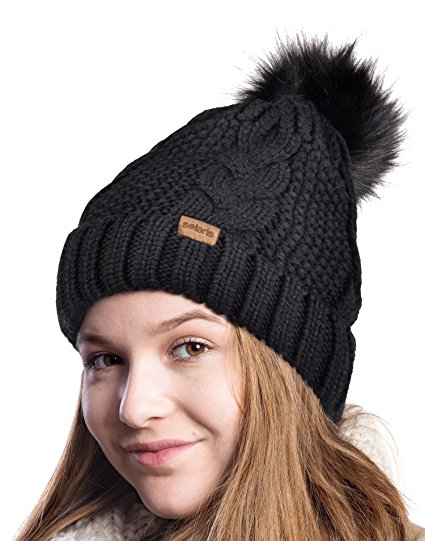 Womens Pom Pom Beanie Winter Hat Stretch Soft Knit Skull Ski Cap for Outdoor Activities
