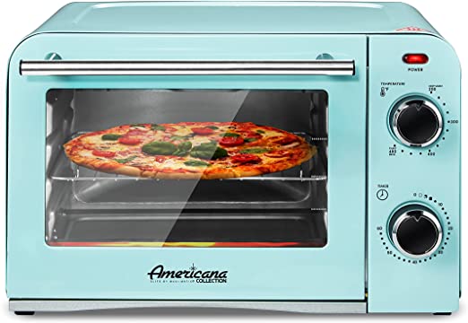 Elite Gourmet Americana Fits 9” Pizza, Vintage Diner 50’s Retro Countertop Toaster oven Bake, Broil, Toast, Temperature Control & Adjustable 60-Minute Timer, Glass Door Printed Wrong,