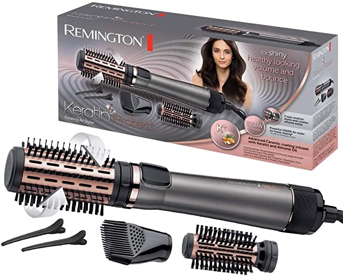 Remington Warmluftbürste rotierend [automatisch] Keratin Protect (inkl.3 Aufsätze: 2 Rundbürsten Haaransatz-Booster für mehr Volumen)   Haarklammern, Keratin-Keramikbeschichtung mit Mandelöl, AS8811