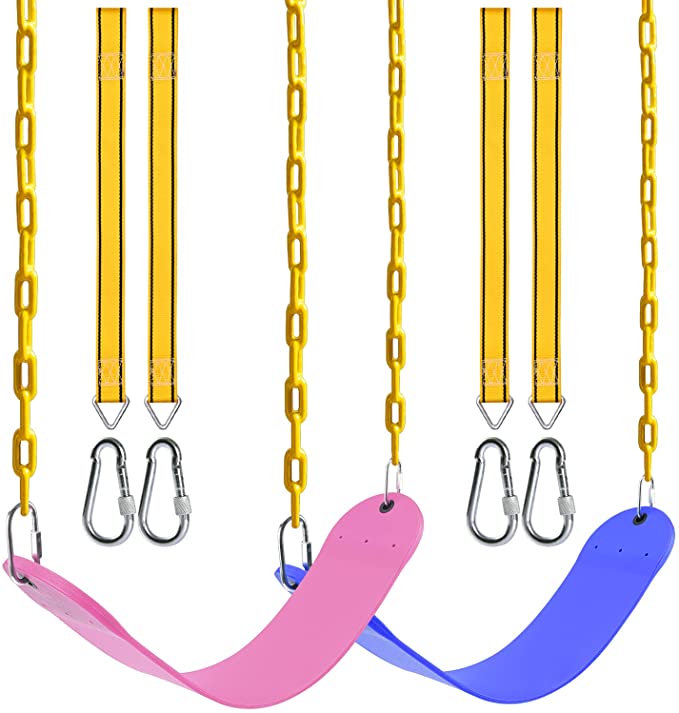 PACEARTH 2 Pack Swings Seats Holds 660lbs with 68.9 inch Anti-Rust Chains Plastic Coated 23.6 inch Tree Hanging Straps and Locking Buckles Playground Swing Set Accessories Replacement - Blue and Pink