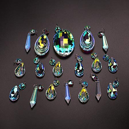 H&D 18pcs Colorful Lamp Prisms Parts with Octagon Bead Chandelier Glass Crystals Hanging Drops Pendants