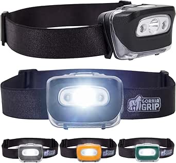 Gorilla Grip Ultra Bright 226 High Lumens LED Head Lamp 2 Pack, 7 Light Modes Water Resistant IPX4 Headlamp, Lightweight Adjustable Headband, Battery Powered Camping Forehead Flashlight Lamps, Black