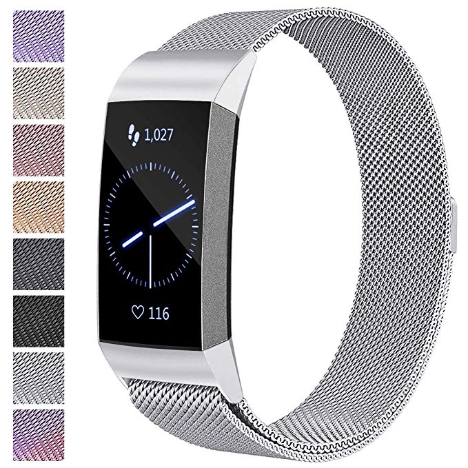 Maledan Metal Bands Compatible with Fitbit Charge 3 & Charge 3 SE, Stainless Steel Mesh Milanese Loop Magnetic Band Replacement Accessories Bracelet Strap with Unique Magnet Lock for Women Men