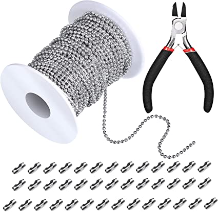 65 Feet Stainless Steel Ball Chains, 2.4 mm Stainless Diameter Ball Bead Chain with 40 Pieces Bead Connector Clasp and Plier for Necklace Hanging Ornament Key Chain Tags