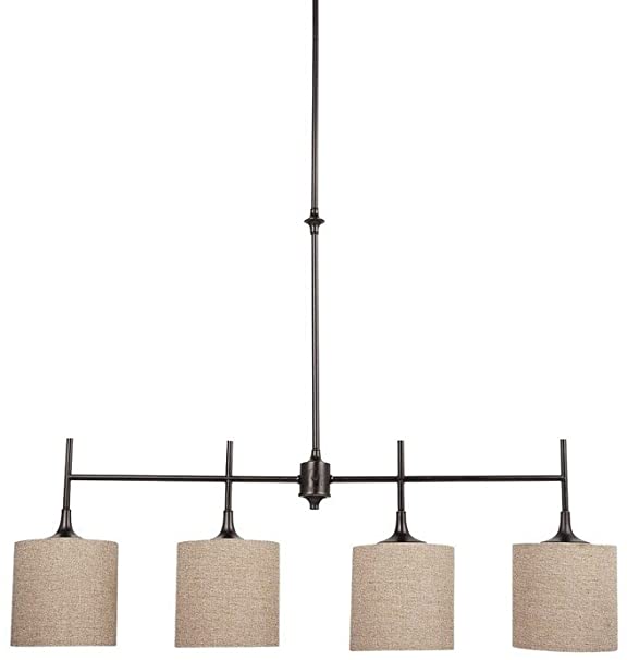 Sea Gull Lighting 66952-710 Stirling Four-Light Island Pendant with Satin Etched Glass Diffusers and Beige Linen Fabric Shades, Burnt Sienna Finish