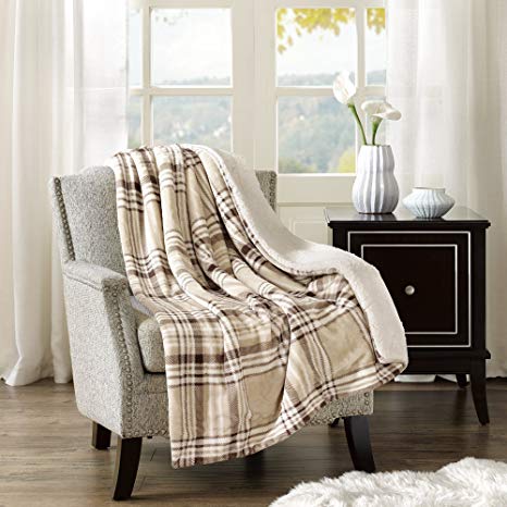 Comfort Spaces Sherpa/Plush Throw Blanket for Couch - 50x60 inches Lightweight Cozy Sofa Bed/Couch Throw for Beds Office Lap - Plaid - Tan, Brown, Cream