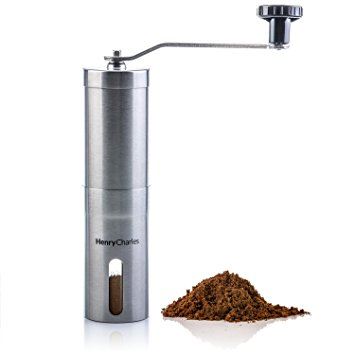 Manual Coffee Grinder | Henry Charles Finest Collection | Brushed Stainless Steel with adjustable ceramic grinder | Compact size perfect for the home, office or traveling