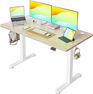 Cubiker 55 x 24 Inch Standing Desk, Stand up Height Adjustable Home Office Electric Table, Sit Stand Desk with Splice Board, White Frame & Maple Desktop