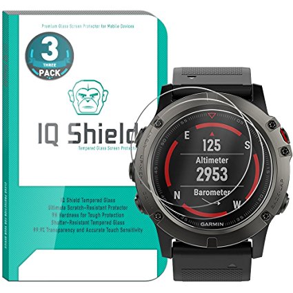 Garmin Fenix 5x Screen Protector (3-Pack), IQ Shield Tempered Ballistic Glass Screen Protector for Garmin Fenix 5x 99.9% Transparent HD and Shatter-Proof Shield