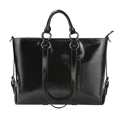 S-ZONE Women's 3-Way Genuine Leather Work Tote Laptop Shoulder Handbag Messenger Bag Fit 14" Laptop Upgraded Version