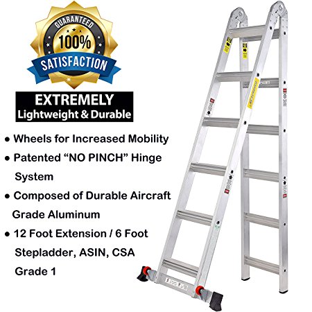 TOPRUNG 12ft. 2IN1 Aluminum Extension Ladder, Multi-Purpose Step Ladder with Bulit-in Wheels, 300lbs Duty Rating