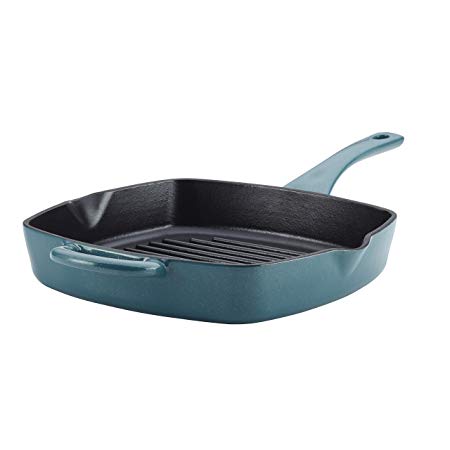 Ayesha Collection Cast Iron Square Grill Pan with Pour Spouts, 10-Inch, Twilight Teal