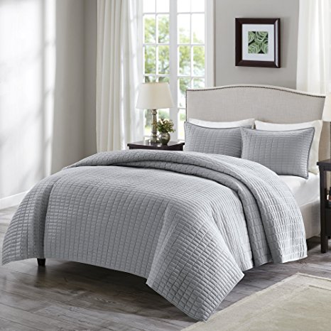 Comfort Spaces – Kienna Quilt Mini Set - 3 Piece – Gray – Stitched Quilt Pattern – Full/Queen size, includes 1 Quilt, 2 Shams