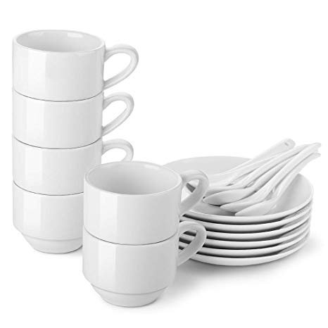 LIFVER Espresso Cups with Saucers and Spoons, 3- Ounces Stackable Espresso Coffee Cup Set, Porcelain Demitasse Cups, Set of 6, White