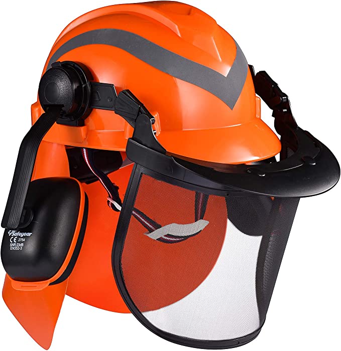 SAFEYEAR Forestry Hard Hat, Cap Style Chainsaw Safety Helmet with 4 Point Ratchet Suspension for Women & Men, with Impact Gloves Adjustable Ear Muffs & Face Shield Visor, Neck Shade (Orange 1 Unit)