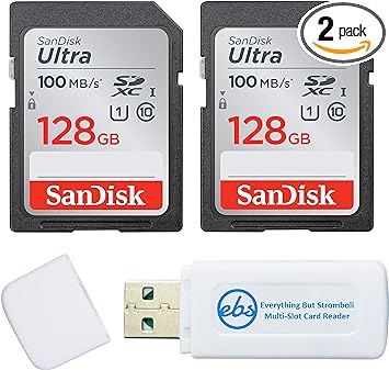 SanDisk 128GB Ultra - 2 Pack Bundle UHS-I Class 10 SDXC Flash Memory Card Retail (SDSDUNC-128G-GN6IN) - With Everything But Stromboli (tm) Combo Card Reader