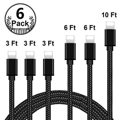 HltraSlTrim iPhone Charger, MFi Certified Cable 6Pack 3FT 3FT 3FT 6FT 6FT 10FT Extra Long Nylon Braided USB Fast Charging& Syncing Cord Compatible with iPhone/XS/XR/X/8/8Plus/7/7Plus/6S/6Plus More