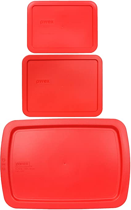 Pyrex (1) 7210-PC 3 Cup Lid, (1) 7211-PC 6 Cup Lid, and (1) C-233-PC 9" x 13" 3 Quart Easy Grab Lid Red Replacement Lids