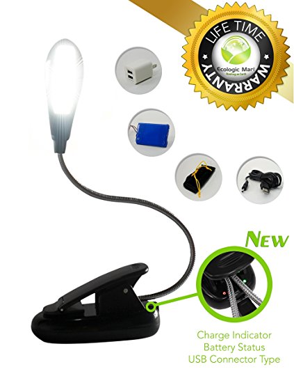 Clip On Book Light - Easy to Use Rechargeable Reading Lamp for Bedroom - 3 Brightness Levels - 4 LED - 78" USB Cable, Travel Bag & Dual Charger - Best Gift for Wife by EcologicMart