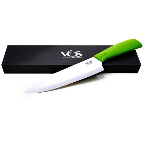 Ceramic Chef Knife - Vos Professional Classic Chefs Ceramic Knife 8 Inch Zirconia Hard White Blade Green Handle  Protective Sheath Cover  Gift Box  Bonus Cookbook - Chef Knife