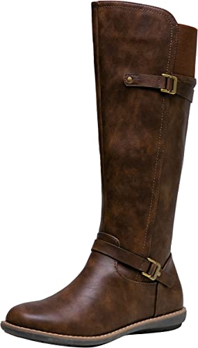 Jeossy Women's 9655 Knee High Boots Flat Riding Boots Buckle Tall Boots with Zipper for Women