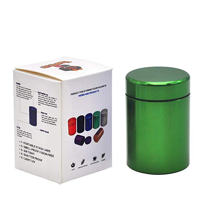 Stash Jar - Airtight Smell Proof Durable Multi-Use Portable Metal Herb Jar Container. Waterproof Aluminum Screw-top Lid Lock Odor -Green