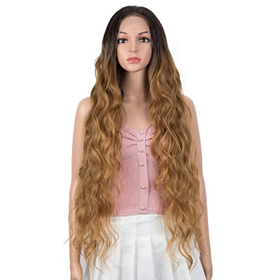 Joedir 36" Super Long Wavy 13X6 Free Parting Easy-360 Lace Frontal Wigs Transparent HD Glueless Lace with Baby Hair for Black Women Heat Resistant Synthetic Hair wigs(Ombre Honey)