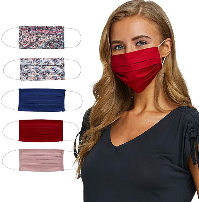 Fashion Washable Reusable Pleated Printed & Solid Mask Set of Five/2 prints & 3 solids/F