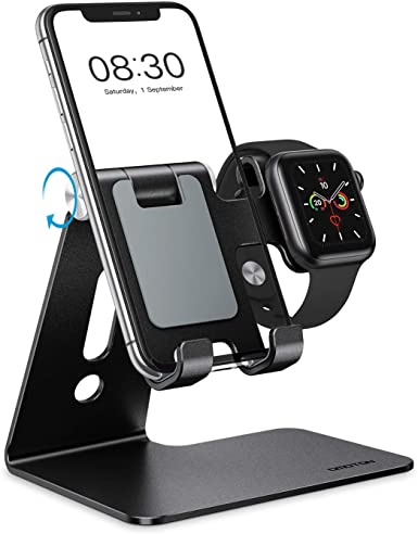 Adjustable Cell Phone Stand for Apple Watch, OMOTON 2 in 1 Universal Apple Watch Charging Dock for Apple Watch Series 5/4/3/2/1 and iPhone SE/11/11 Pro/11 Pro Max/XR/Xs/Xs Max,Black