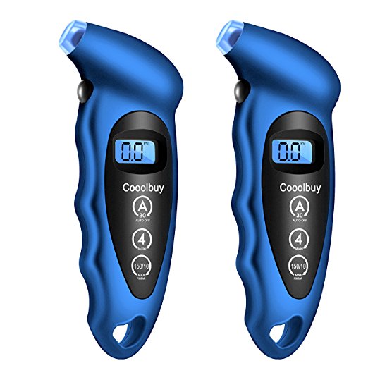 Cooolbuy Digital Tire Pressure Gauge 150 PSI 4 Settings with Backlight LCD and Non-Slip Grip-Button Cells,Tire Valve Caps,Carry Bag Included (Blue-2 Pack)