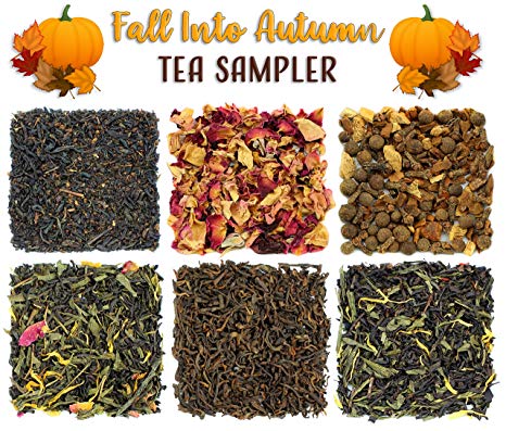 Fall Into Autumn Loose Leaf Tea Sampler; Variety of 6 Assorted Black, Green, Herbal Teas
