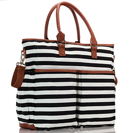 Luliey Diaper Tote Bag, Black & White Lines With Tan Trim