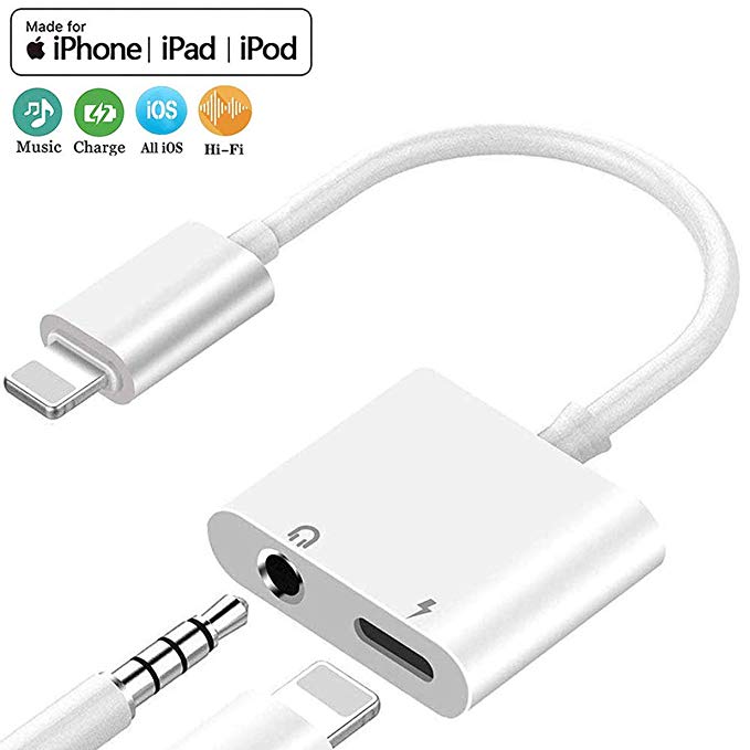 for iPhone Adapter to 3.5mm Jack Adaptor Charger for iPhone 8/8 Plus/7/7 Plus/X/10/XR/Xs/XS max 2 in 1 Earphone Audio Connector Music Splitter Cable dongle Accessories Support All iOS System - White