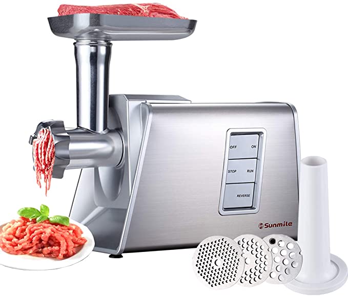 Sunmile SM-G73 Heavy Duty Electric Meat Grinder and Sausage Stuffer Maker 1000W Max with Stainless Steel Cutting Blade and 3 Cutting Plates and Sausage Stuff, ETL Certificated (White)