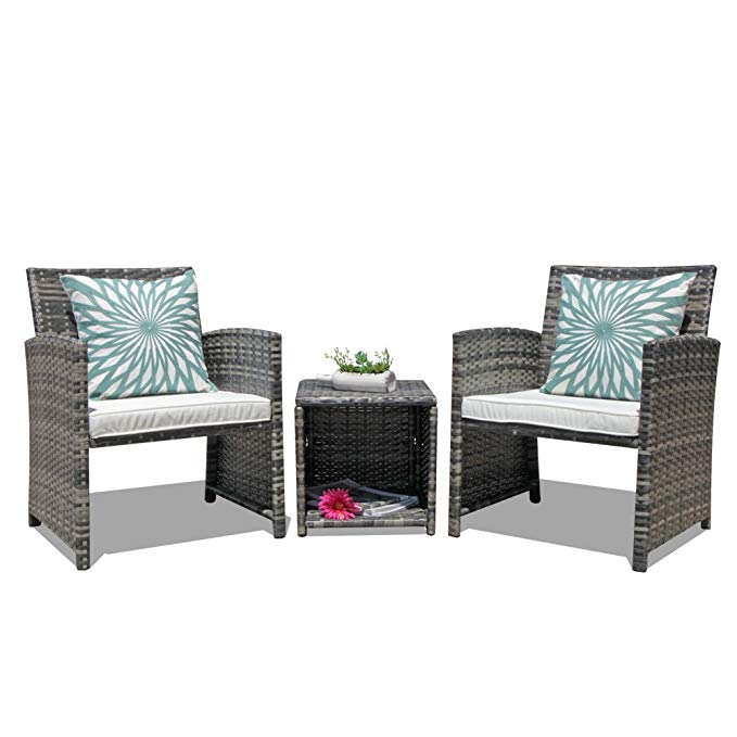 OC Orange-Casual 3-Piece Outdoor Wicker Bistro Patio Furniture Set Cushioned Chair Conversation Set & Storage Side Table | Space Saving Design | Garden Lawn