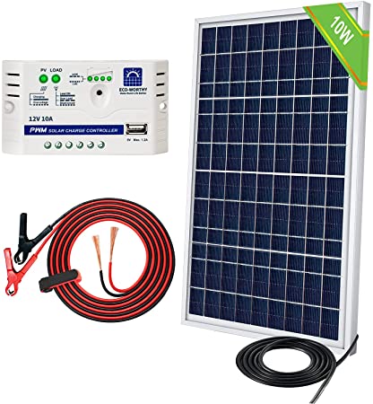 ECO-WORTHY 10W 12V Off Grid Small Solar Panel Kit - Waterproof 10 Watt Solar Panel with Charge Controller and Battery Clips Adapter