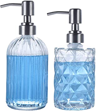 vplus 2 Pack Clear 15 Oz Vertical Stripes and 12 Oz Diamond Design Glass Soap Dispenser with 304 Rust Proof Stainless Steel Pump, Bathroom Soap Dispenser for Hand Soap, Soap, Lotion(Clear)